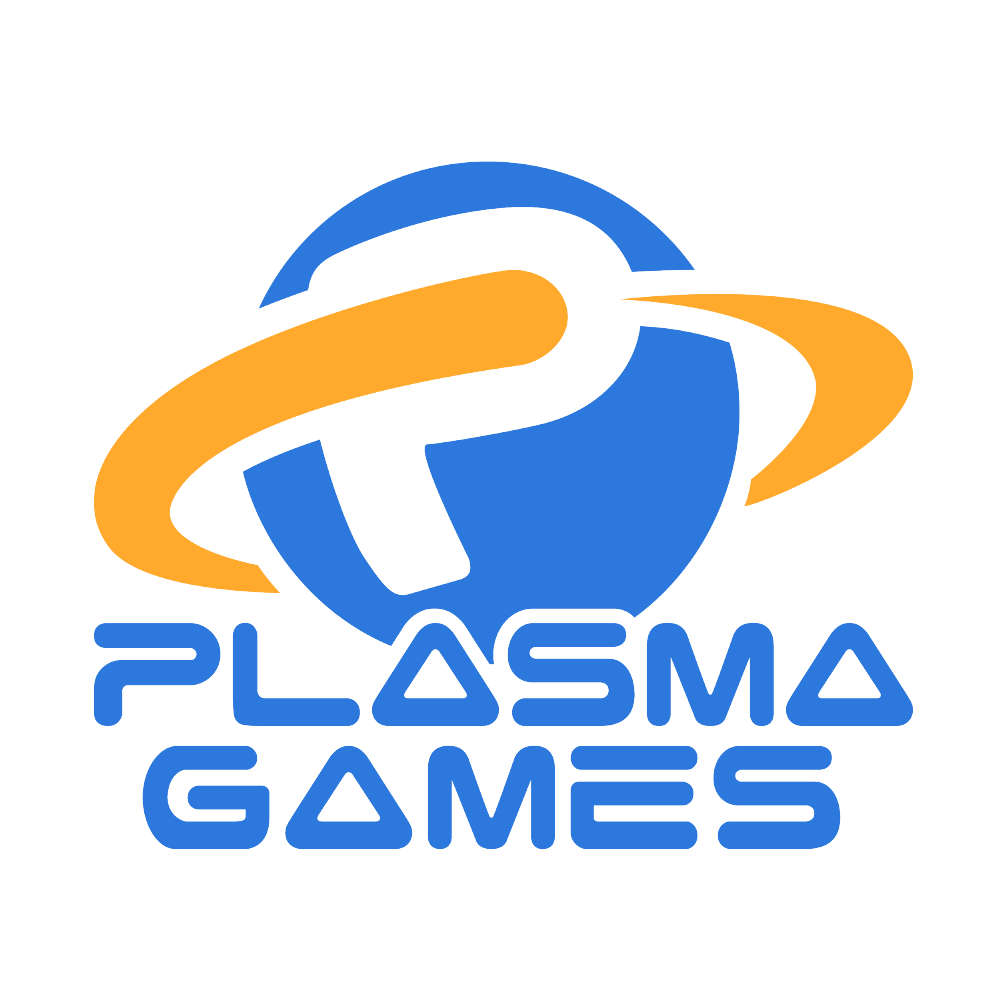 blue circle with a P knock out with an orange ring with the words Plasma Games beneath in blue