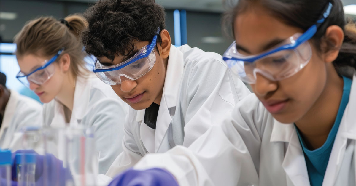 Three teenage aged students with goggles practicing chemistry