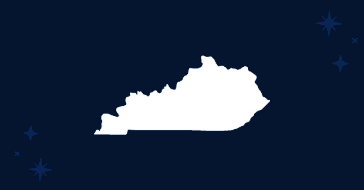 A white shape of Kentucky state centered on a dark blue background with light stars in the top right and bottom left corners