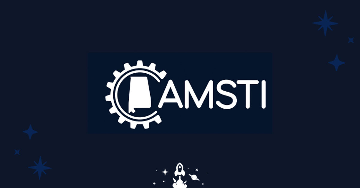 dark blue background with stars in the top right and bottom lest corners. White logo centered with text AMSTI, and white spaceship centered at the very bottom