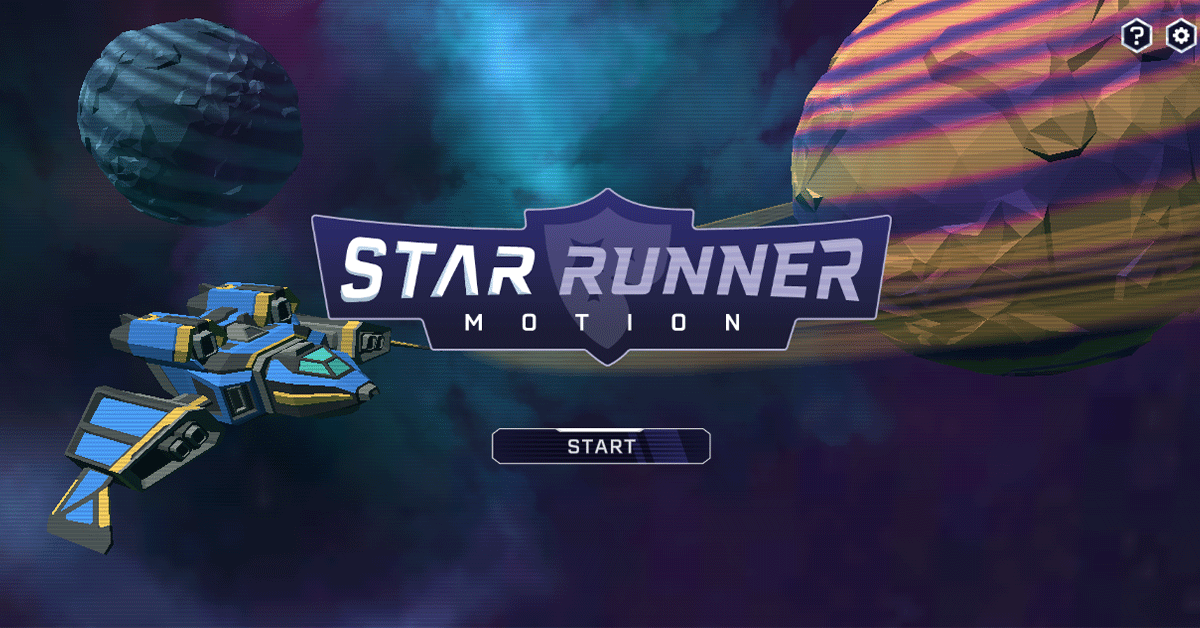The start screen for Star Runner: Motion. A futuristic blue and gold spaceship flies near two planets against a deep-space background. The game title is displayed in bold, futuristic font with a shield emblem, and a 